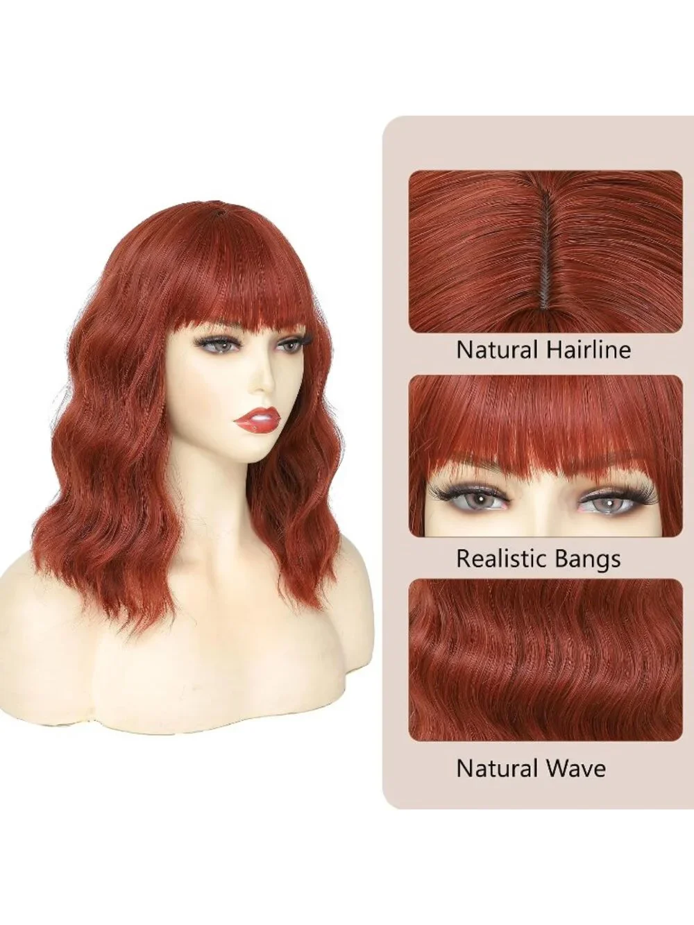 Women's Reddish Brown 14 Inch Heat Resistant Short Wavy Hair Pastel Bob Wig Bang